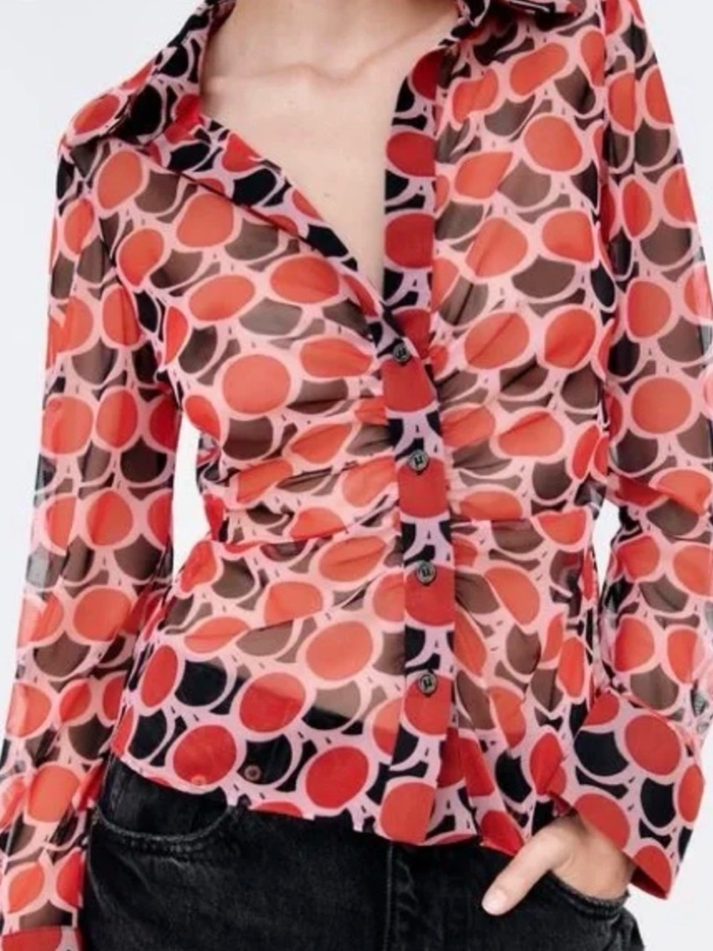 Zara XL Sheer Mesh Geometric Button Collared Blouse Pink Red Black Long Sleeve